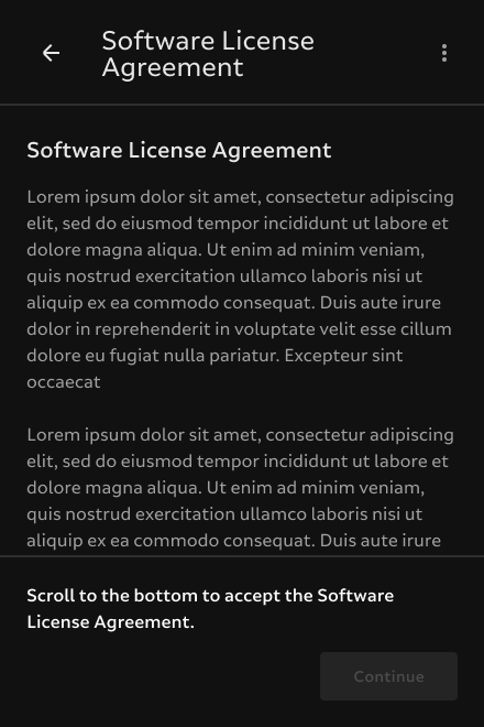 The Magic Leap Software agreement UI screen