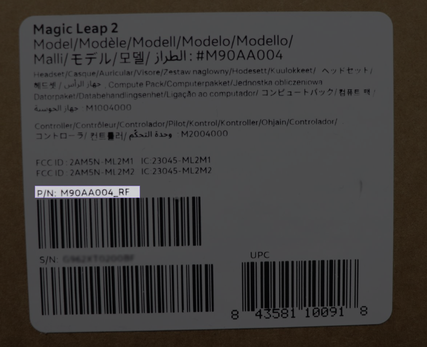 The part number of a Magic Leap 2 is shown just above the barcode on the device box.