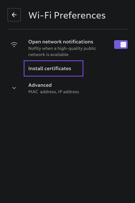 The wi-fi preferences screen, with the 'Install Certificate' option highlighted