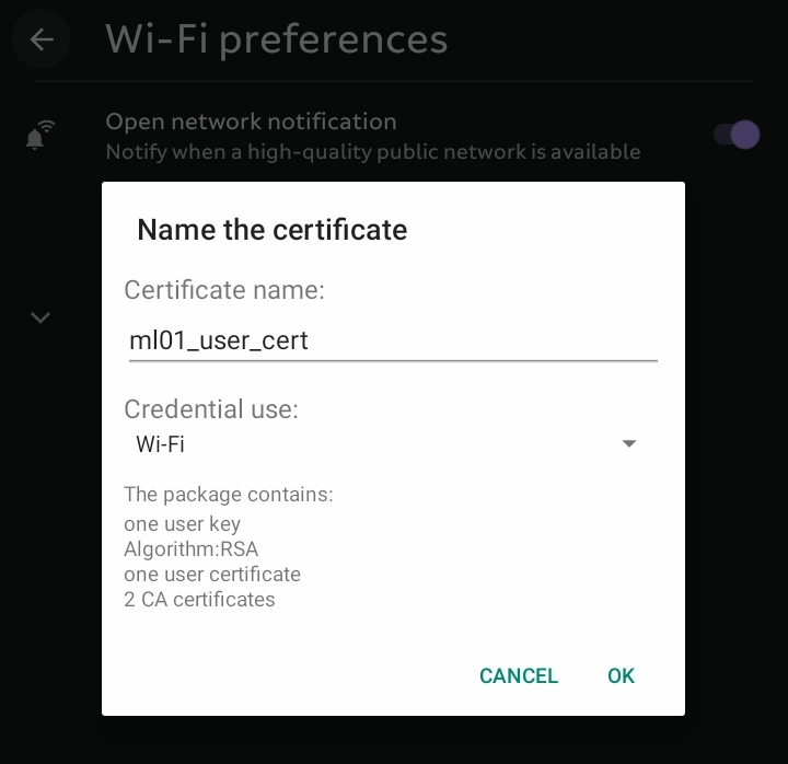 The certificate details, including a text field for renaming the certificate and a drop-down for the credentials use type