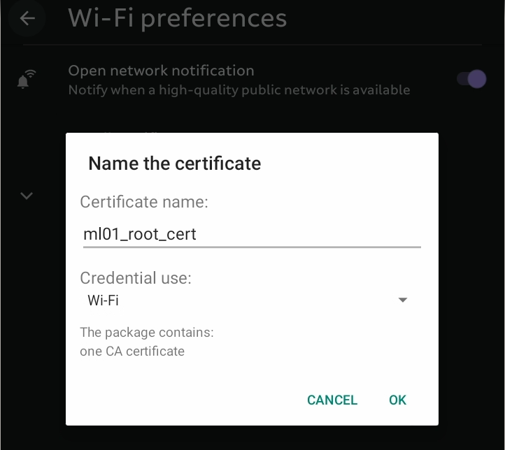 A text field showing the certificate being renamed