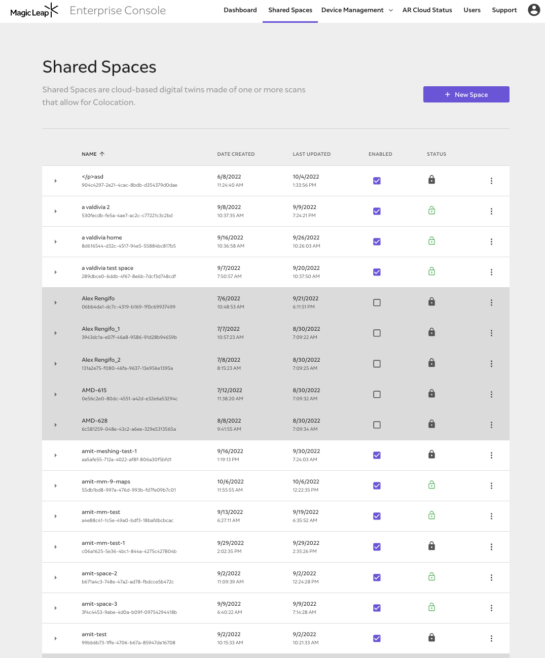 The shared spaces dashboard with a list of spaces