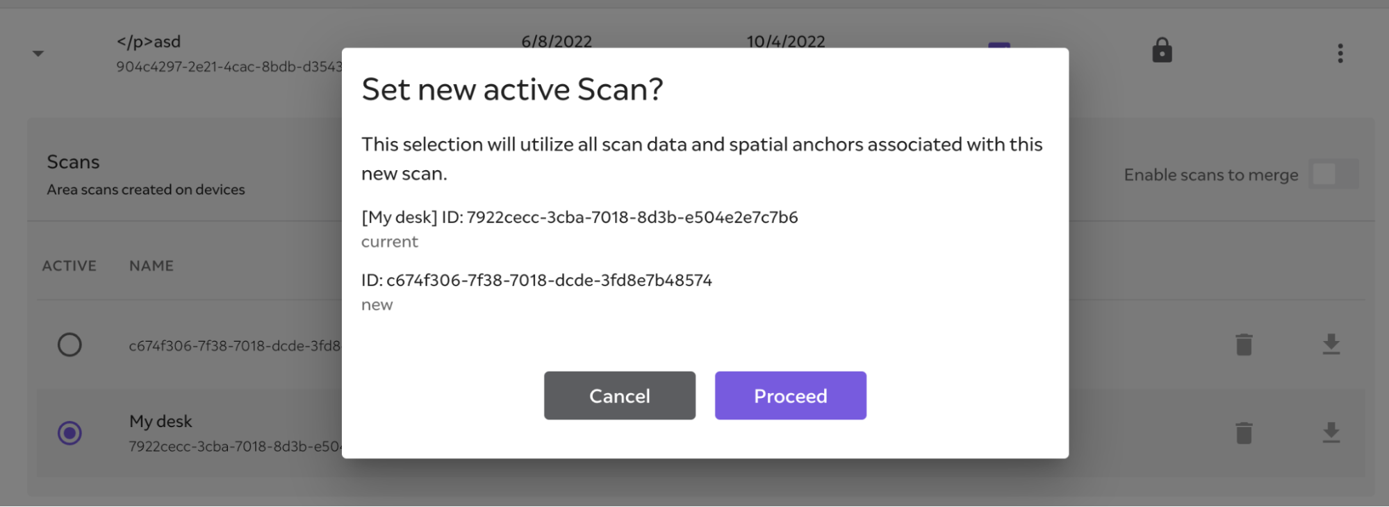 A prompt asking users if they wish to set a specific scan as active