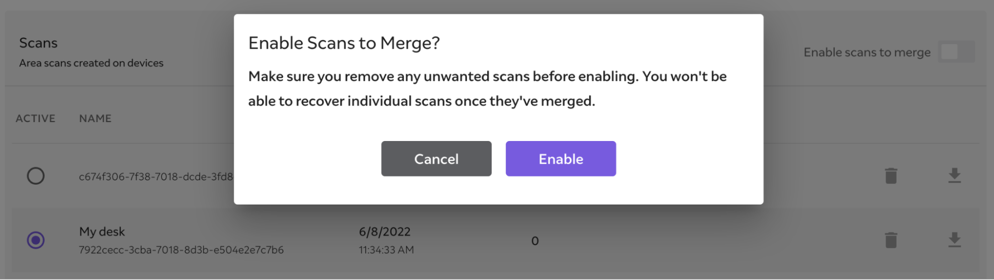 A prompt asking users if they want to enable a mesh merge
