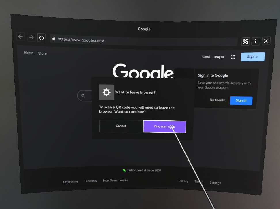 A notification that the user will need to open the QR scanner app and leave the browswer
