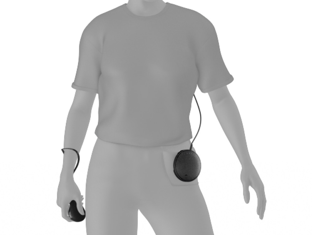 The Magic Leap 2 clipped to a person's pocket.