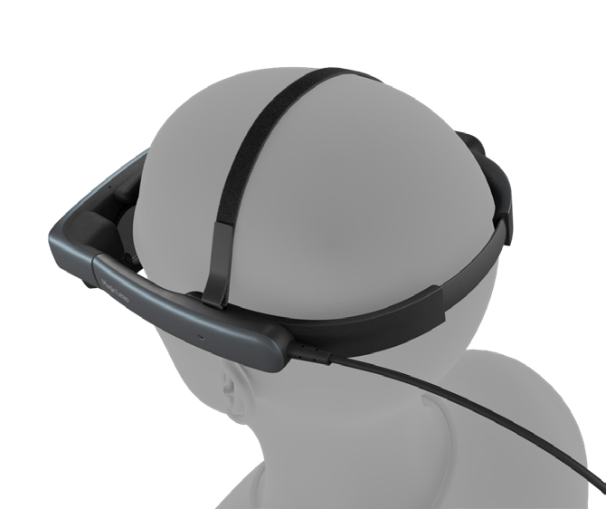 The headstrap strapped and secured.