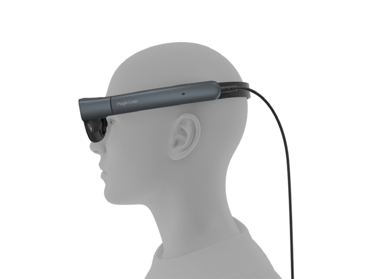 Profile shot showing the Magic Leap 2 headset resting at an angle above someone's ears