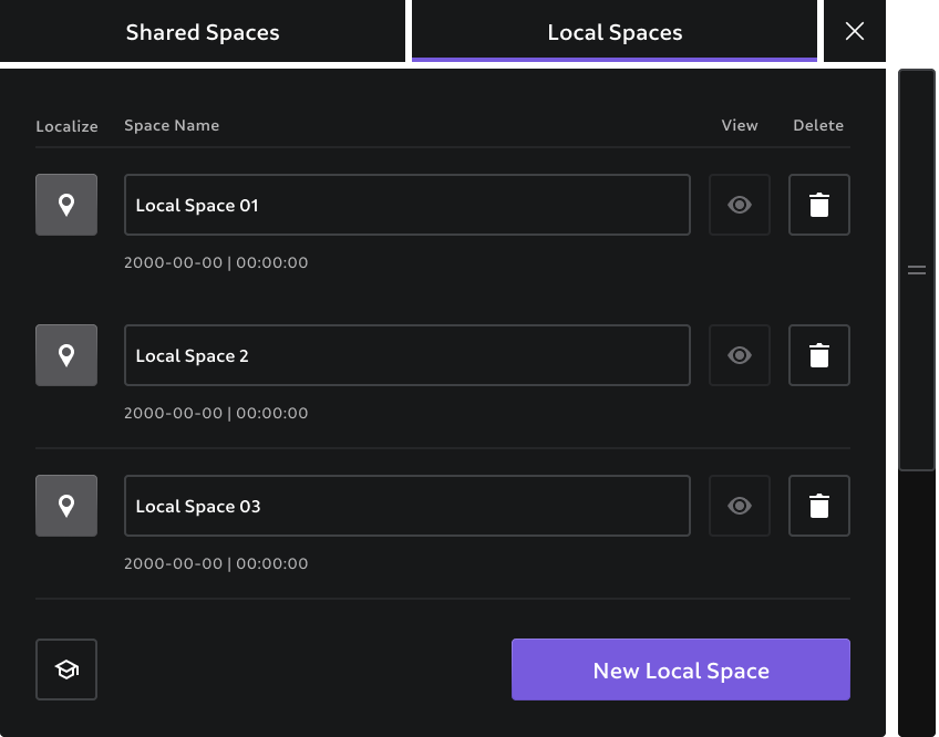 The space selection user interface, showing a list of created spaces and a local and shared spaces tab