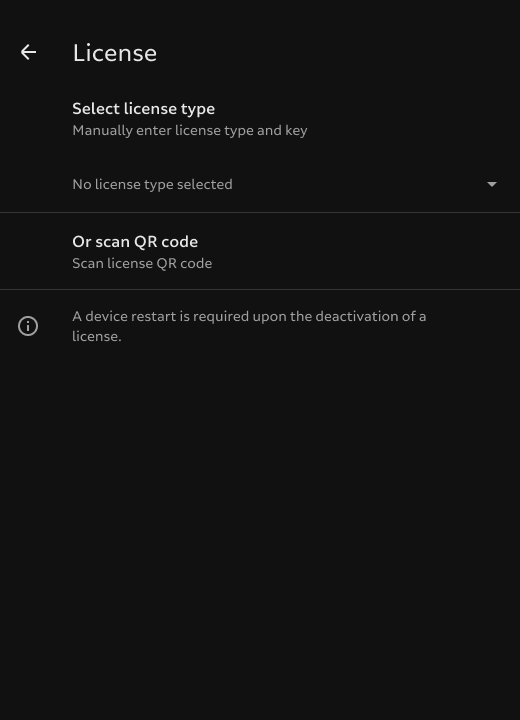The license management screen, including the middle option to activate via QR code