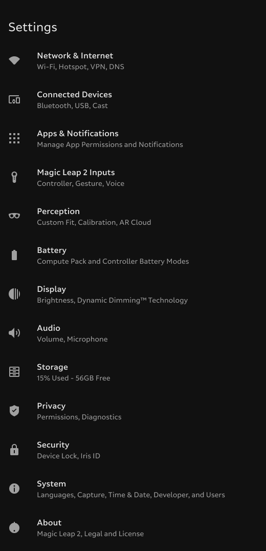 The main settings lobby