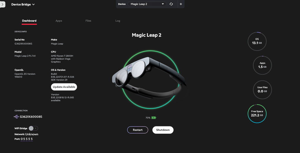 The device bridge feature, showing information about the connected Magic Leap 2 such as remaining battery, OS versionm, storage, and more.