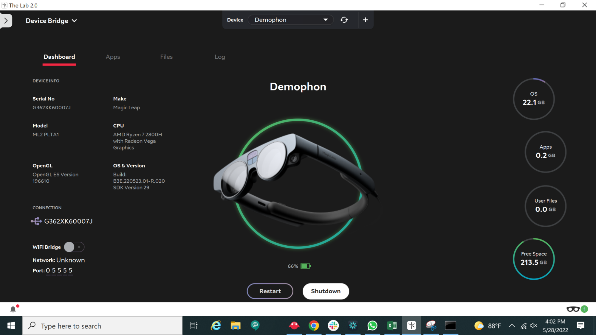 A screenshot of Magic Leap Hub's device bridge, highlighting information about the connected Magic Leap 2