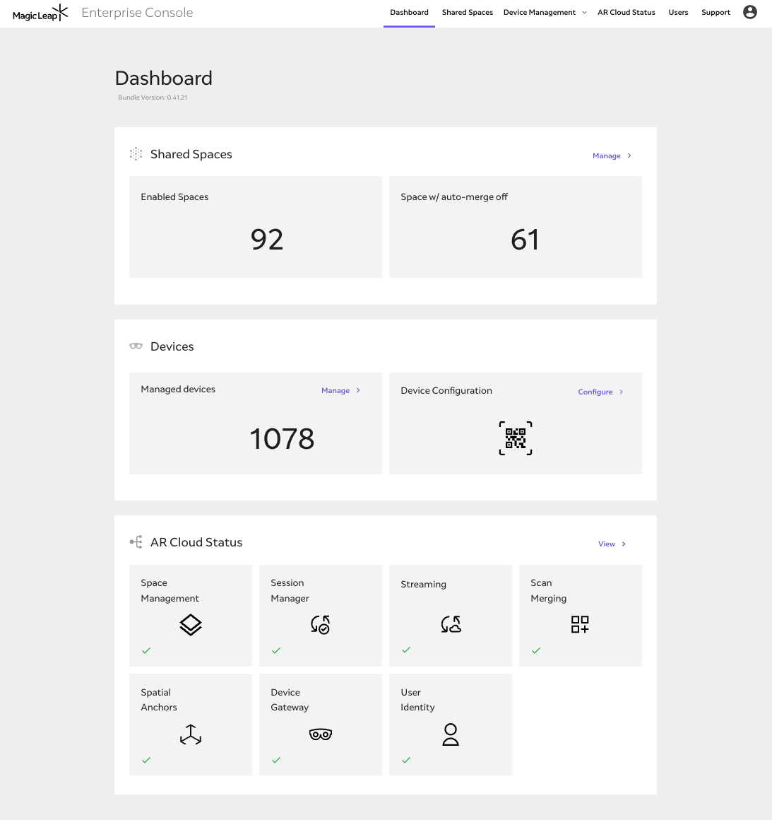 The Magic Leap Enterprise Console homepage and dashboard on first viewing