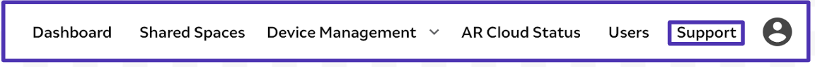 The support link is highlighted in the main navigation