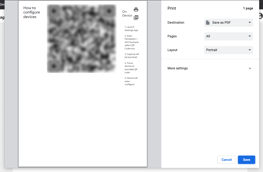 Chrome's Print window, printing out a blurred out device configuration QR code