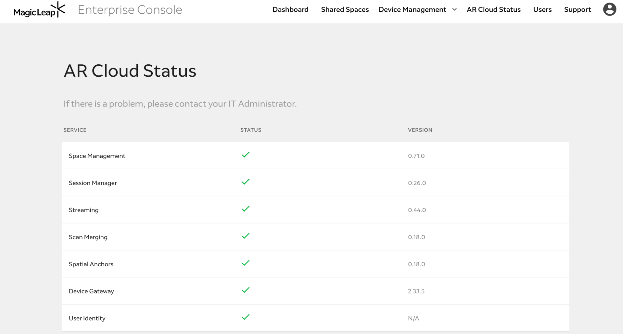 The AR Cloud Status page, highlighting the status of the individual components AR Clouds runs on