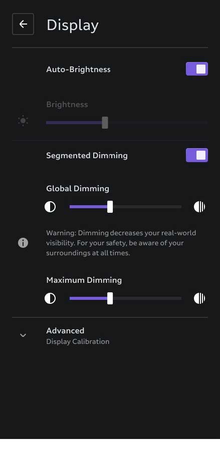 The display settings UI, highlighting the dimming options and their occlusion levels
