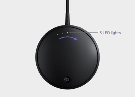 The compute pack with a purple arrow indicating the direction the LED lights appear when powered on