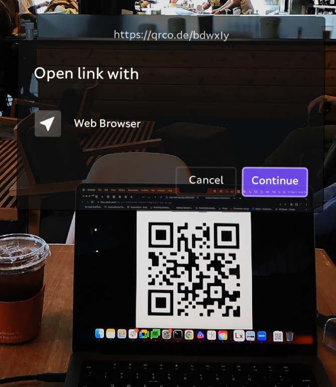 A prompt asking the user if they want to open the page the QR code links to in the browser app