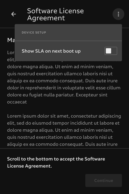 The Software License Screen with the 're-prompt' toggle button being shown