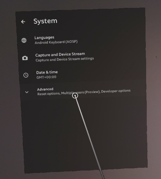 A cursor hovering over the 'Advanced' menu option in the System Settings
