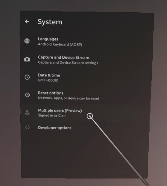 A cursor hovering over the 'Multiple Users (Preview)' option in the 'Advanced Settings' menu