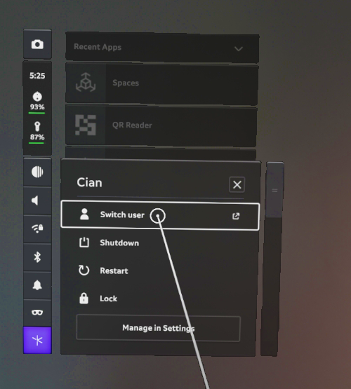 The user switching menu on the main app launcher screen