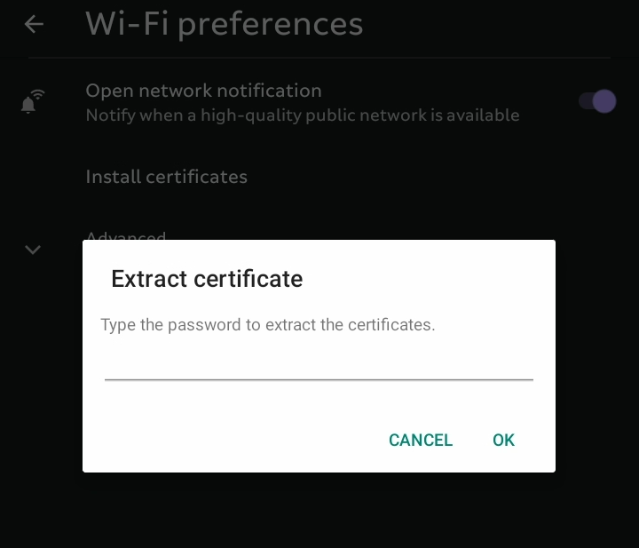 A password entry pop-up, the user must enter the certificate's password to extract it