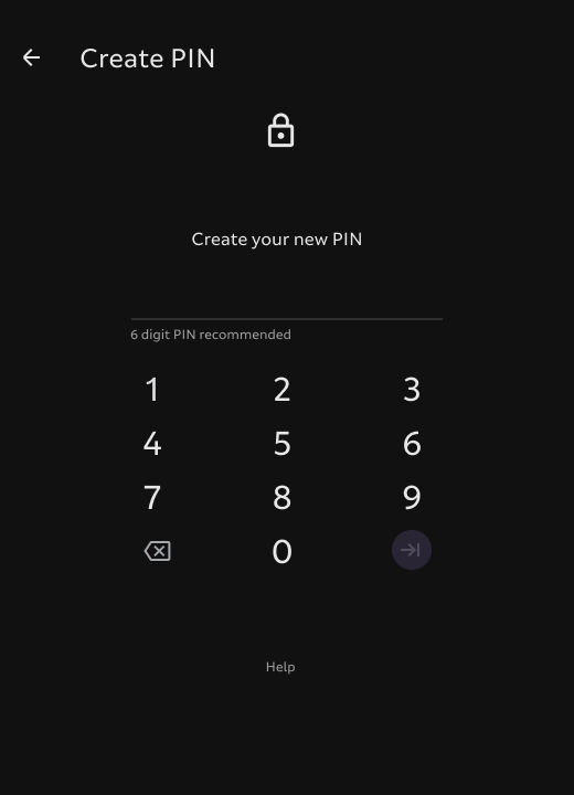 新しい PIN を入力するためのテキストフィールドと電話スタイルのテンキーを備えた PIN 作成画面