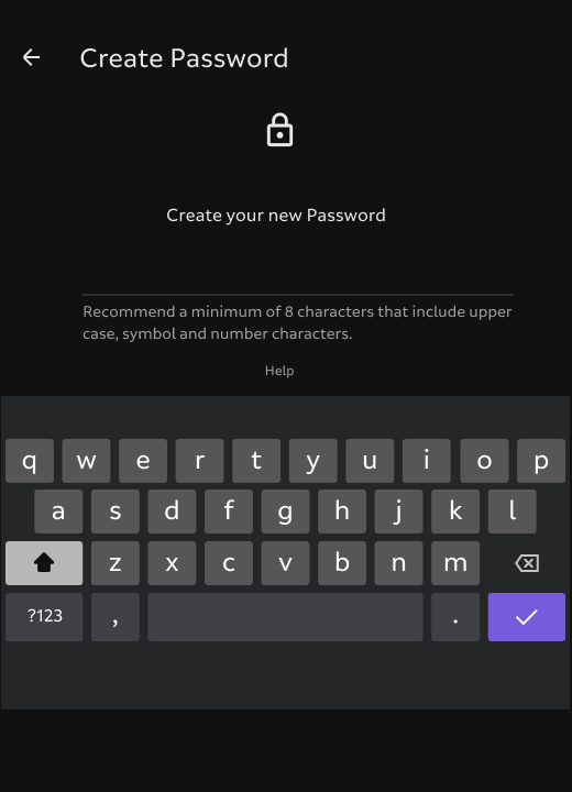 新しいパスワードを入力するためのテキストフィールドとキーボードを備えたパスワード作成画面