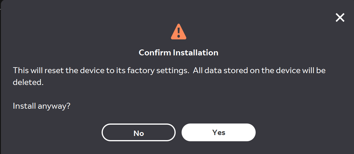 A prompt asking the user to confirm they want to reset their device upon update