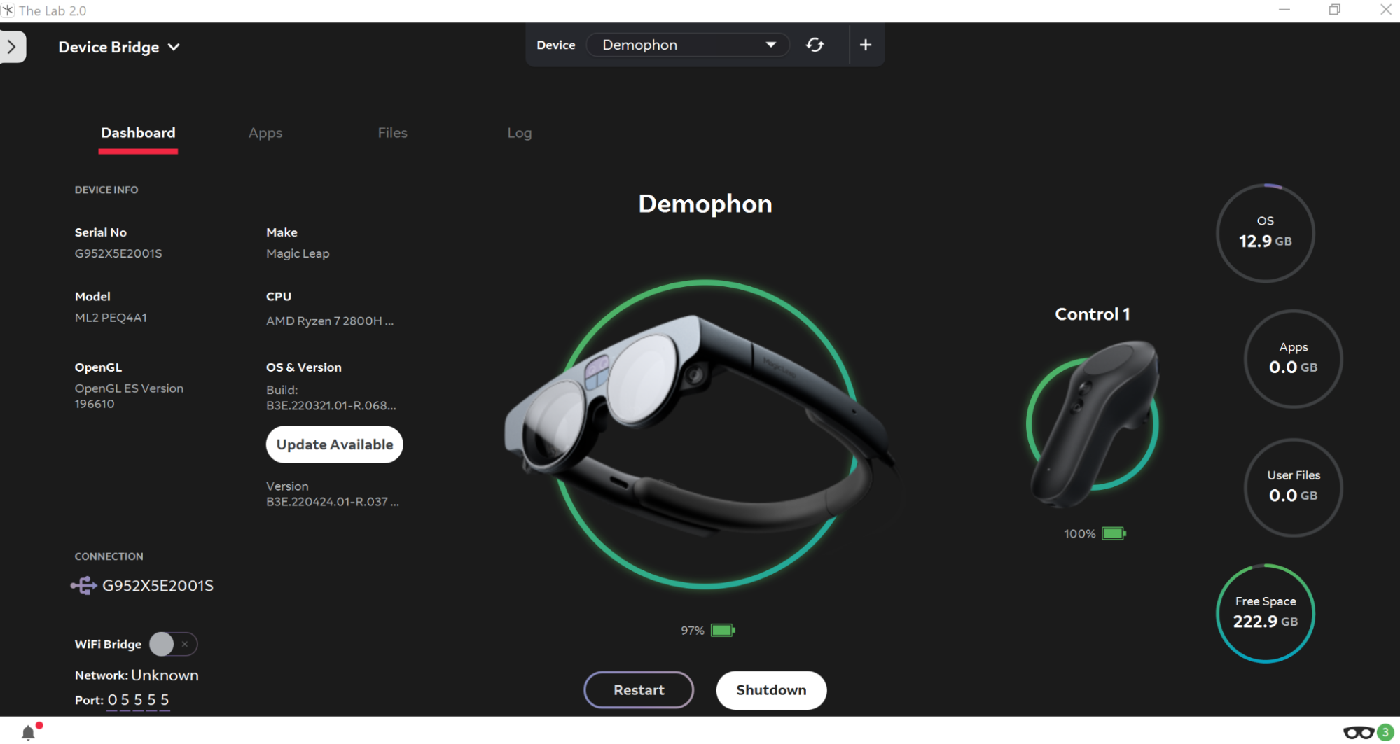 The Device bridge UI with a white button indicating an Update is available