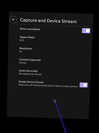 Device capturing and streaming settings page