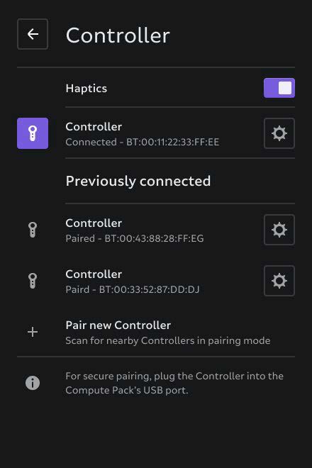 Page showing connected controllers