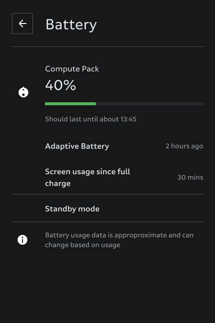 Page showing battery usage and charging information