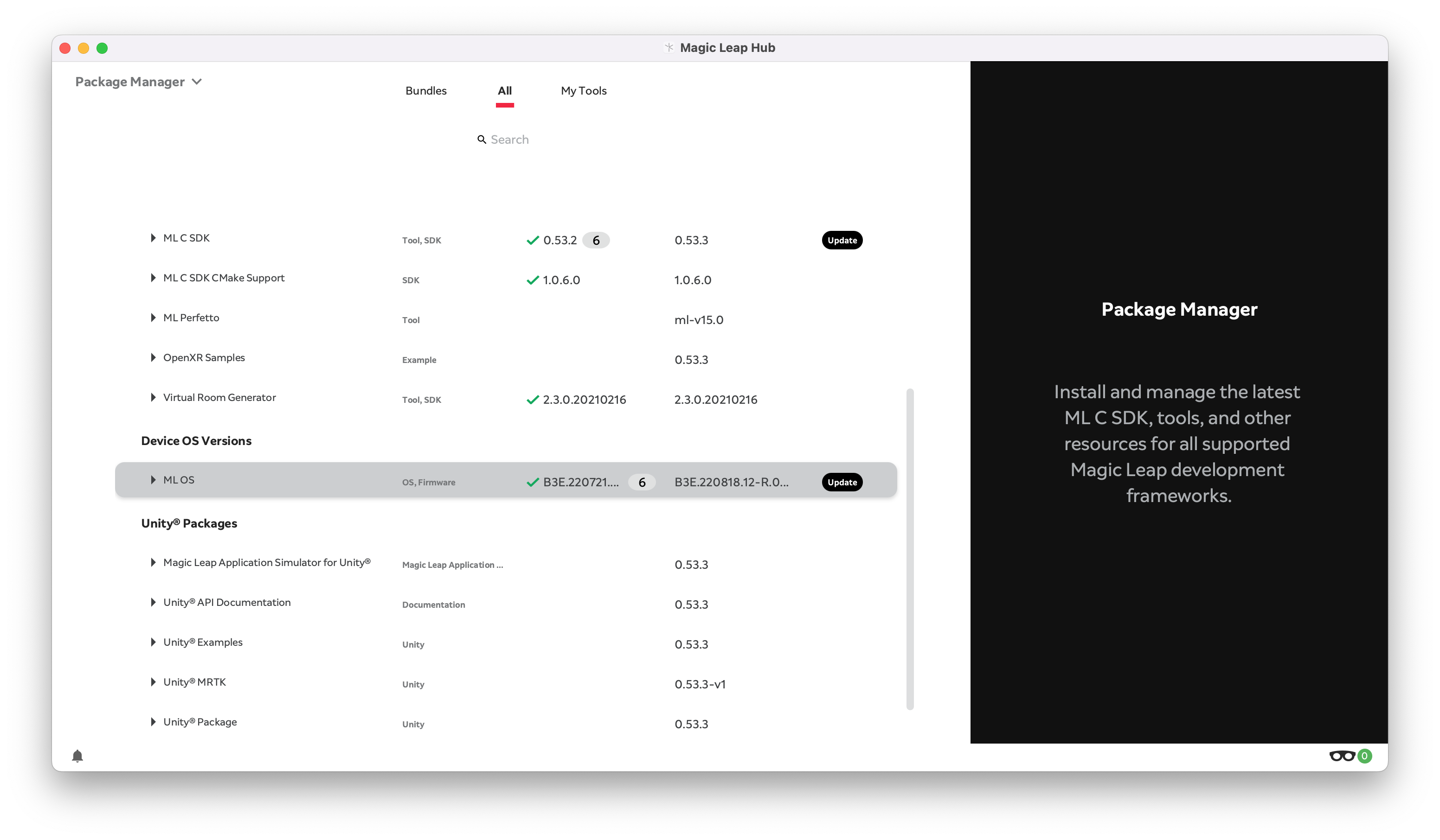 The Package Manager, showing a list of available downloads