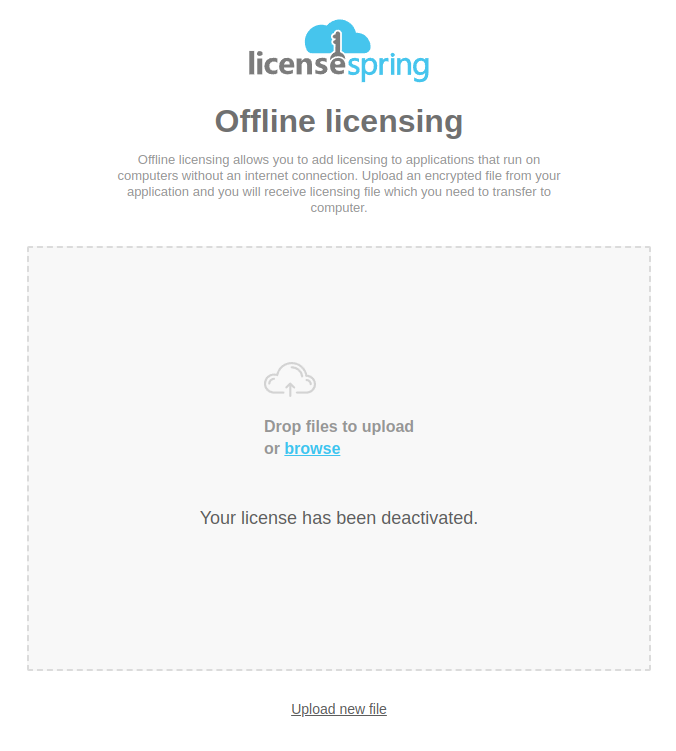 A webpage communicating that an offline license has been succesfully deactivated.